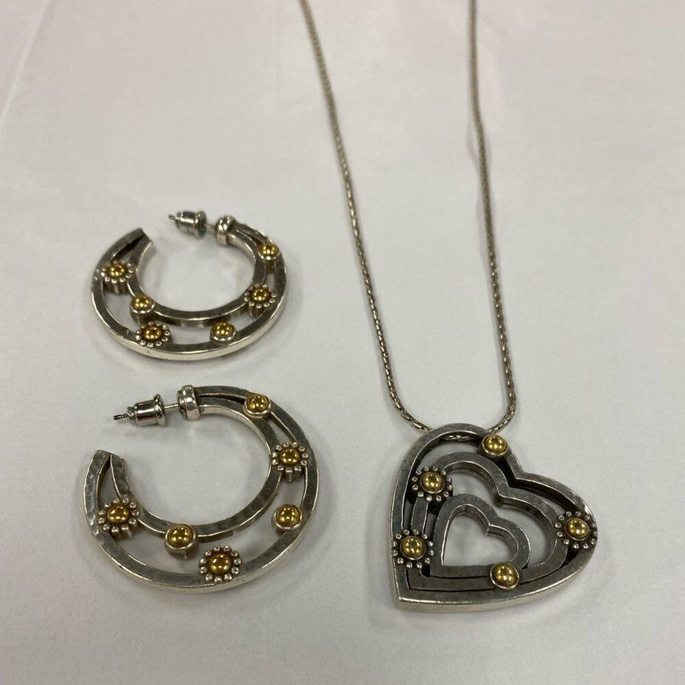 BRIGHTON hammered silver with gold accents pendant necklace and hoop earring set